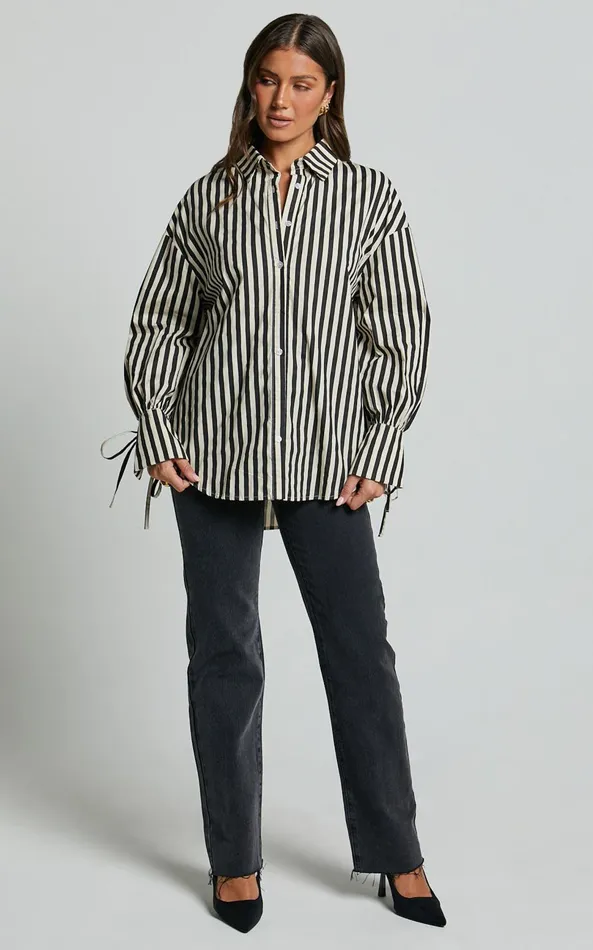 Showpo Cazie Shirt 8211 Tie Cuff Long Sleeve Shirt In Black and Cream Stripe Women Tops