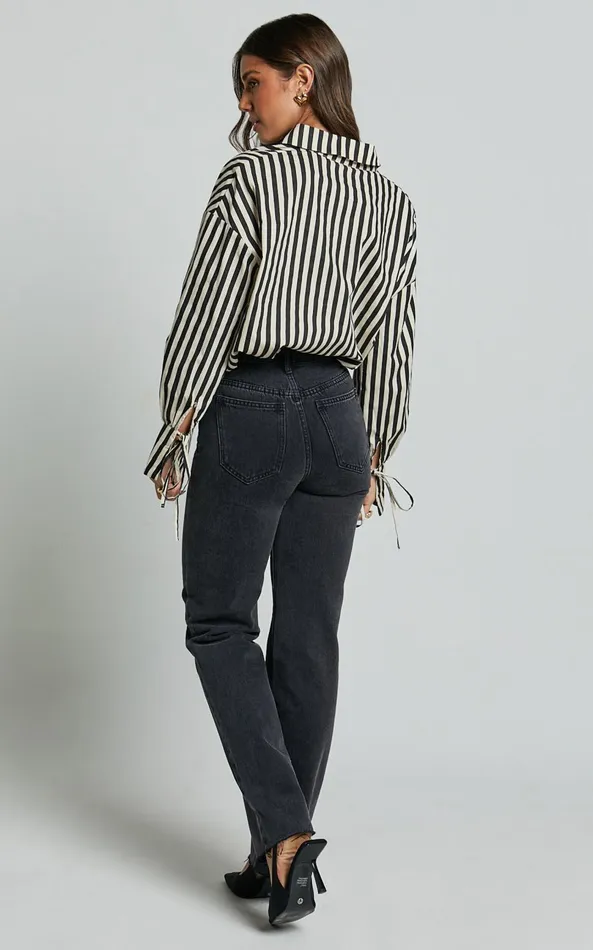 Showpo Cazie Shirt 8211 Tie Cuff Long Sleeve Shirt In Black and Cream Stripe Women Tops