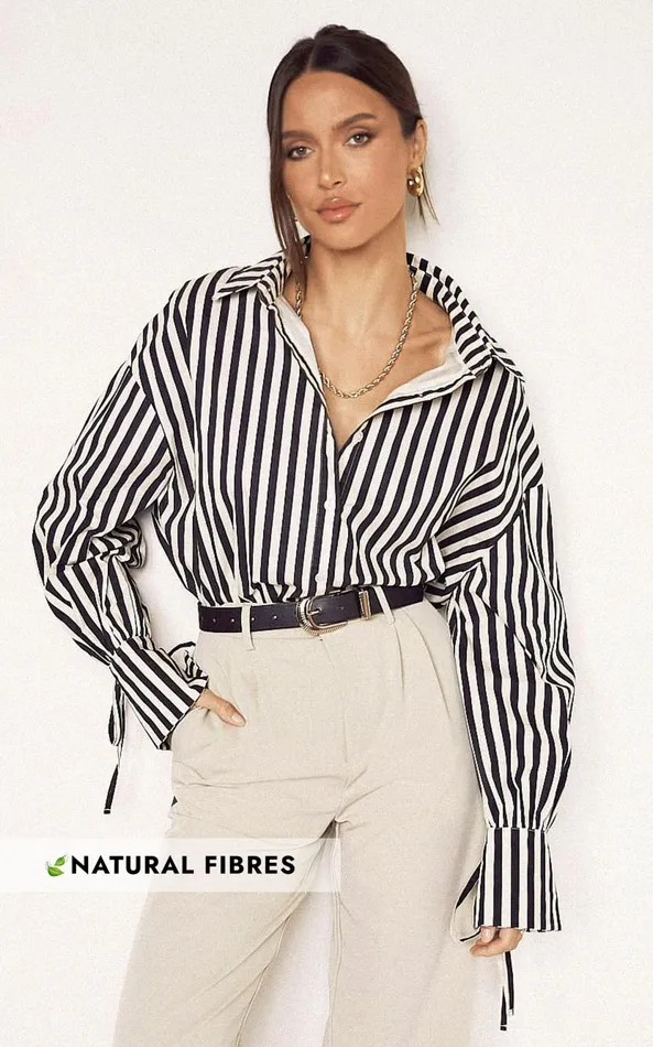 Showpo Cazie Shirt 8211 Tie Cuff Long Sleeve Shirt In Black and Cream Stripe Women Tops