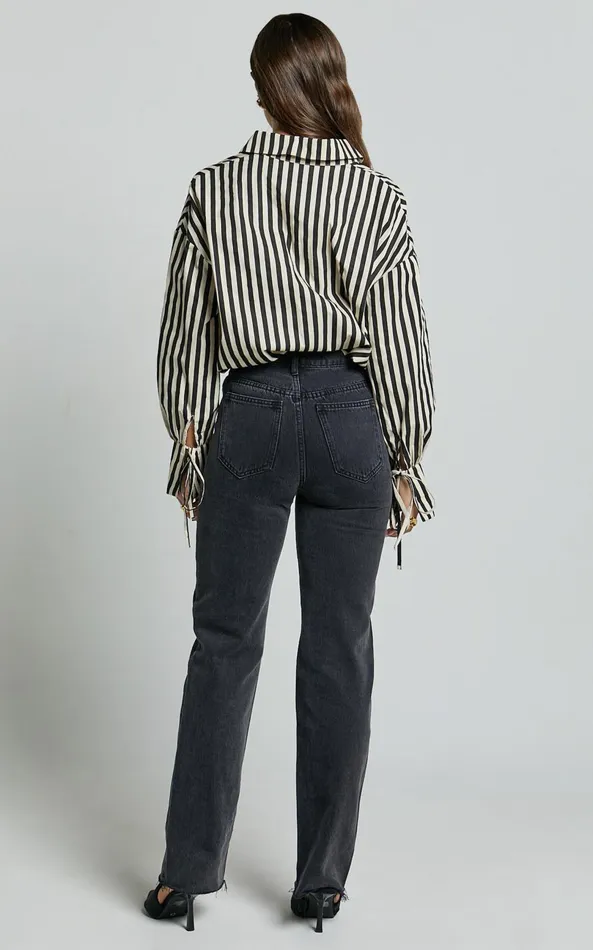 Showpo Cazie Shirt 8211 Tie Cuff Long Sleeve Shirt In Black and Cream Stripe Women Tops