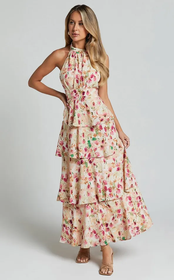 Showpo Cece Midi Dress 8211 Halter Neck Layered Dress In Pink Floral Women Dresses Showpo Cece Midi Dress 8211 Halter Neck Layered Dress In Pink Floral Women Dresses