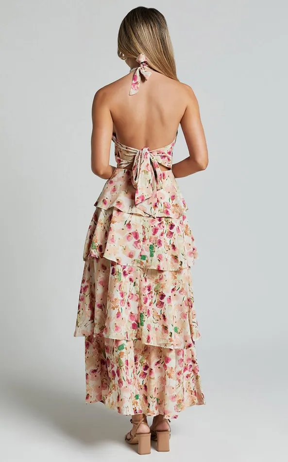 Showpo Cece Midi Dress 8211 Halter Neck Layered Dress In Pink Floral Women Dresses