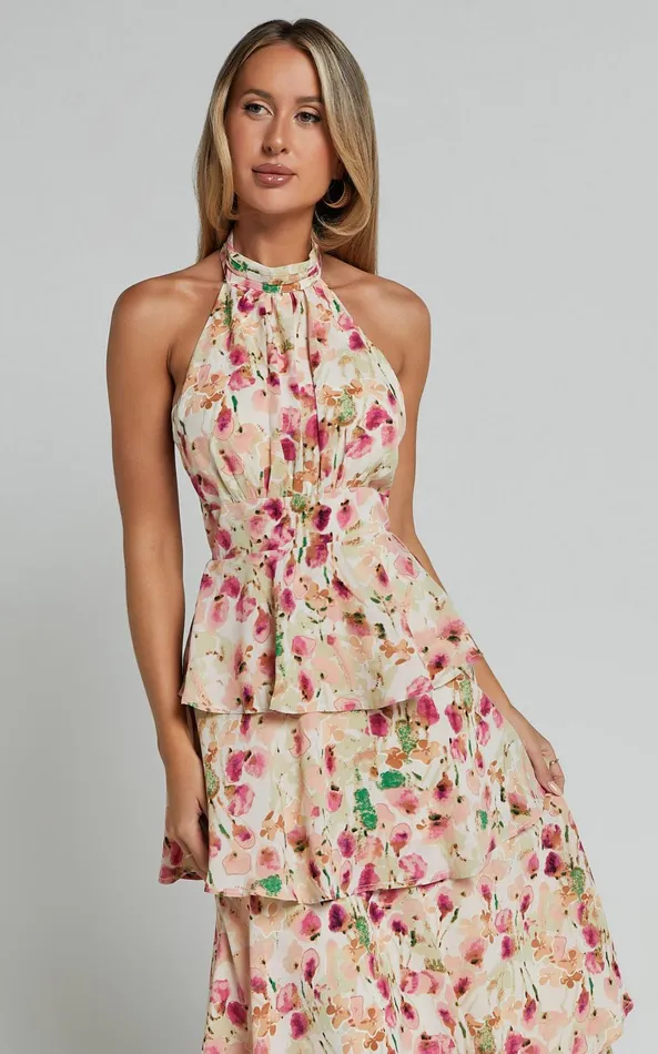 Showpo Cece Midi Dress 8211 Halter Neck Layered Dress In Pink Floral Women Dresses