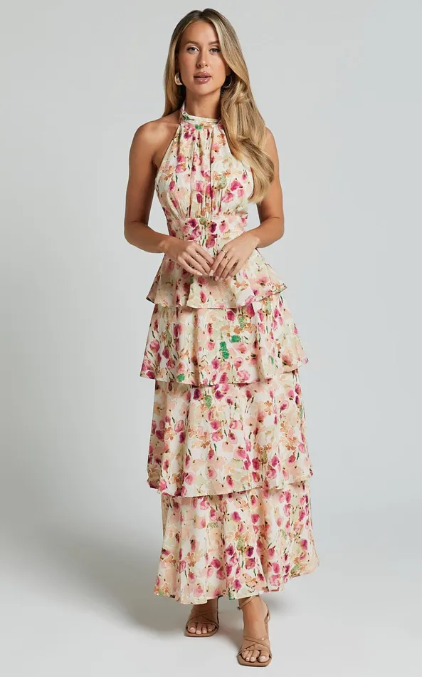 Showpo Cece Midi Dress 8211 Halter Neck Layered Dress In Pink Floral Women Dresses