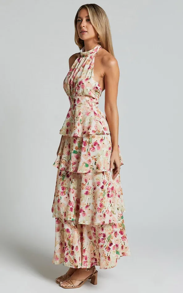 Showpo Cece Midi Dress 8211 Halter Neck Layered Dress In Pink Floral Women Dresses
