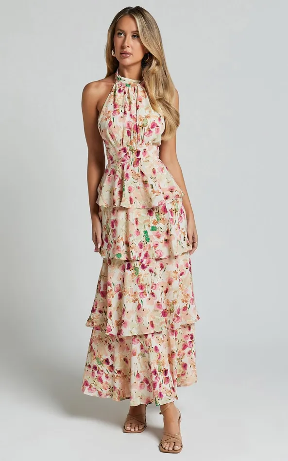 Showpo Cece Midi Dress 8211 Halter Neck Layered Dress In Pink Floral Women Dresses