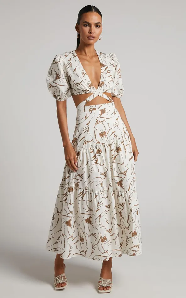 Showpo Cecelia Midi Dress 8211 Plunge Neck Puff Sleeve Patterned Dress In Beige Palm Women Dresses