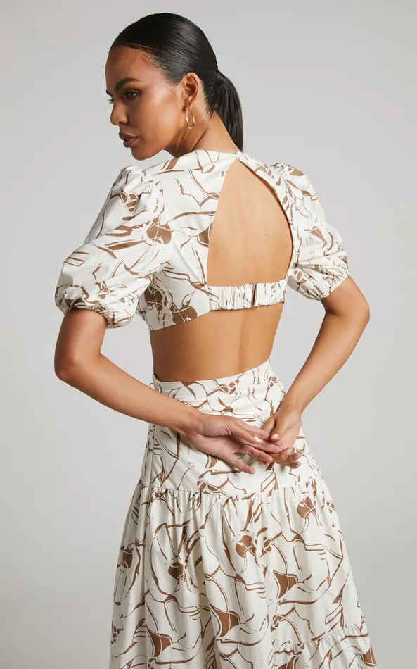 Showpo Cecelia Midi Dress 8211 Plunge Neck Puff Sleeve Patterned Dress In Beige Palm Women Dresses