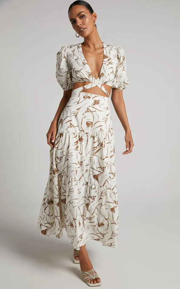 Showpo Cecelia Midi Dress 8211 Plunge Neck Puff Sleeve Patterned Dress In Beige Palm Women Dresses