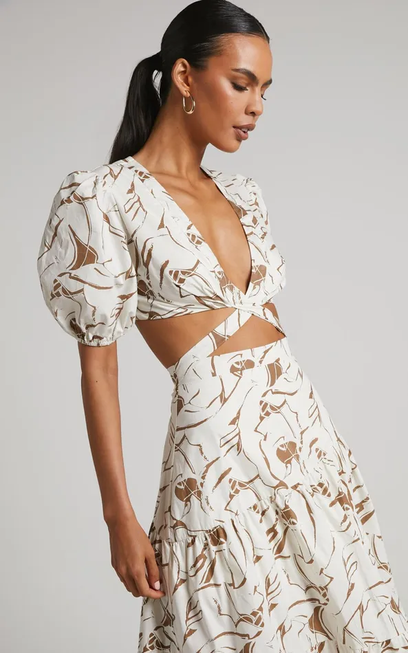 Showpo Cecelia Midi Dress 8211 Plunge Neck Puff Sleeve Patterned Dress In Beige Palm Women Dresses