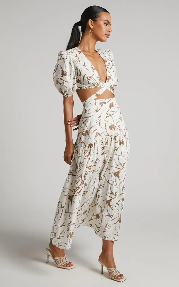 Showpo Cecelia Midi Dress 8211 Plunge Neck Puff Sleeve Patterned Dress In Beige Palm Women Dresses