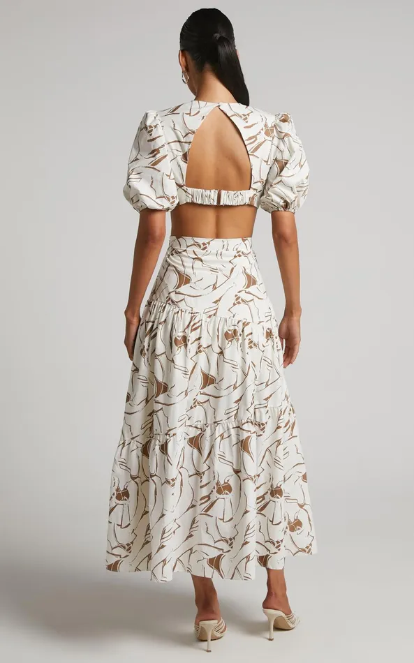 Showpo Cecelia Midi Dress 8211 Plunge Neck Puff Sleeve Patterned Dress In Beige Palm Women Dresses