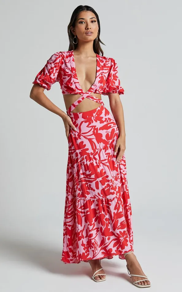 Showpo Cecelia Midi Dress 8211 Plunge Neck Puff Sleeve Patterned Dress In Pink Shadow Floral Women Dresses Showpo Cecelia Midi Dress 8211 Plunge Neck Puff Sleeve Patterned Dress In Pink Shadow Floral Women Dresses