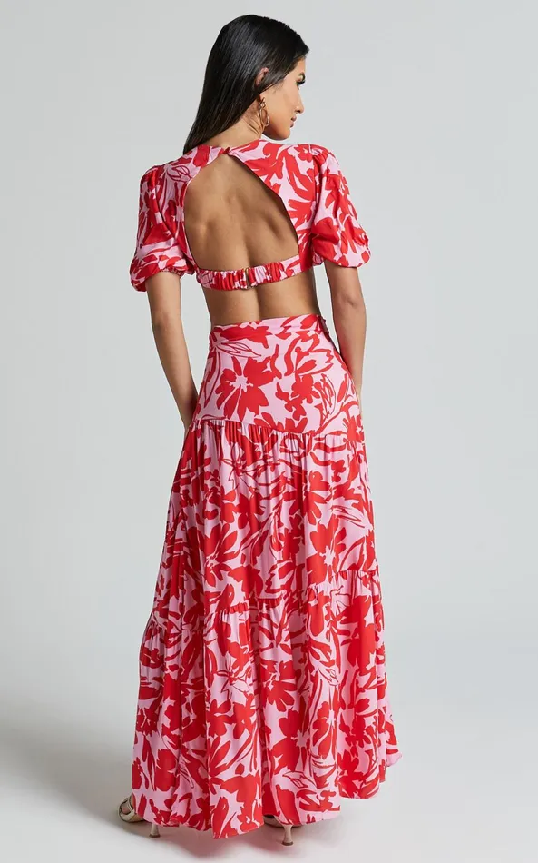 Showpo Cecelia Midi Dress 8211 Plunge Neck Puff Sleeve Patterned Dress In Pink Shadow Floral Women Dresses