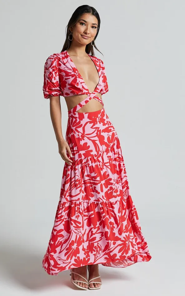Showpo Cecelia Midi Dress 8211 Plunge Neck Puff Sleeve Patterned Dress In Pink Shadow Floral Women Dresses