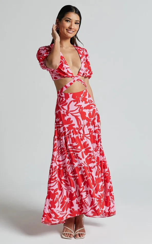 Showpo Cecelia Midi Dress 8211 Plunge Neck Puff Sleeve Patterned Dress In Pink Shadow Floral Women Dresses