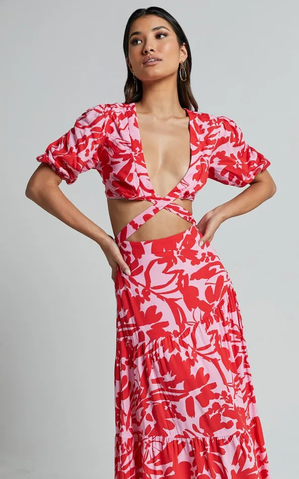 Showpo Cecelia Midi Dress 8211 Plunge Neck Puff Sleeve Patterned Dress In Pink Shadow Floral Women Dresses