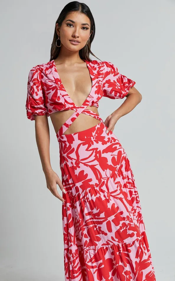Showpo Cecelia Midi Dress 8211 Plunge Neck Puff Sleeve Patterned Dress In Pink Shadow Floral Women Dresses