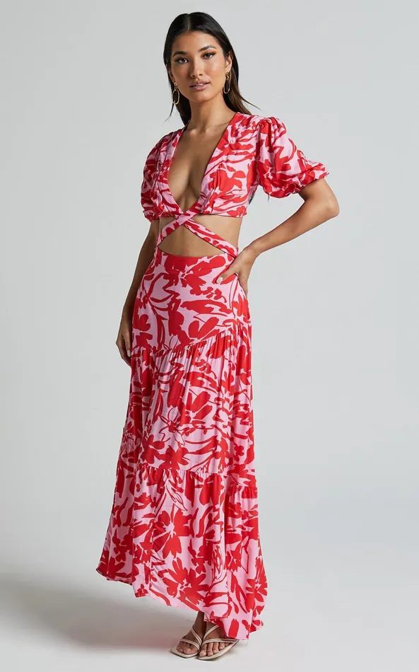 Showpo Cecelia Midi Dress 8211 Plunge Neck Puff Sleeve Patterned Dress In Pink Shadow Floral Women Dresses