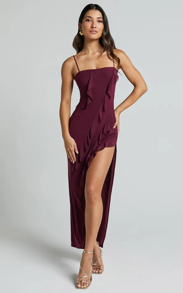 Showpo Cecelia Midi Dress 8211 Ruffle Detail Dress In Grape Women Dresses