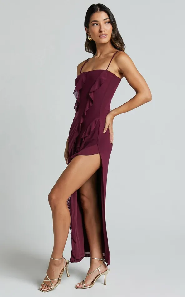 Showpo Cecelia Midi Dress 8211 Ruffle Detail Dress In Grape Women Dresses
