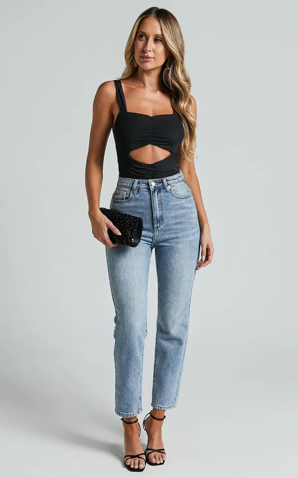 Showpo Cecely Bodysuit 8211 Cut Out Ruched Mesh Bodysuit In Black Women Tops