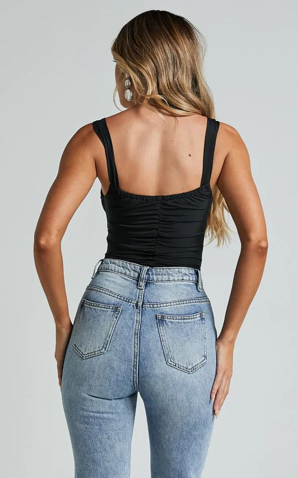 Showpo Cecely Bodysuit 8211 Cut Out Ruched Mesh Bodysuit In Black Women Tops