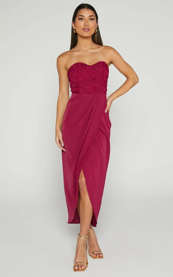 Showpo Cecil Midi Dress 8211 Strapless Draped Tulip Hem Dress In Wine Women Dresses Showpo Cecil Midi Dress 8211 Strapless Draped Tulip Hem Dress In Wine Women Dresses