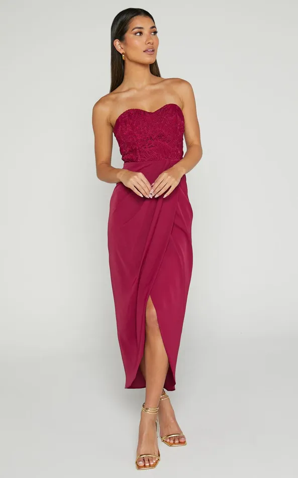Showpo Cecil Midi Dress 8211 Strapless Draped Tulip Hem Dress In Wine Women Dresses