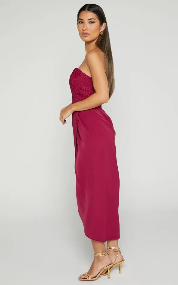 Showpo Cecil Midi Dress 8211 Strapless Draped Tulip Hem Dress In Wine Women Dresses