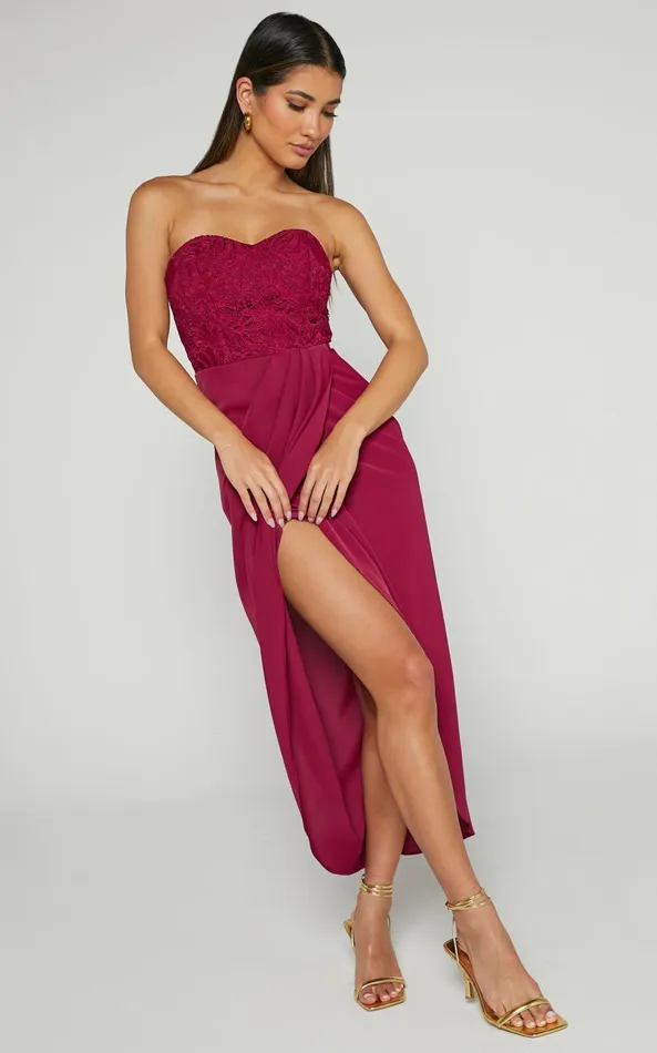 Showpo Cecil Midi Dress 8211 Strapless Draped Tulip Hem Dress In Wine Women Dresses