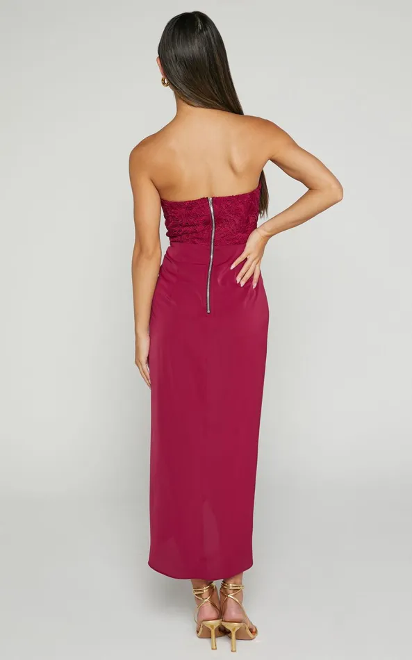 Showpo Cecil Midi Dress 8211 Strapless Draped Tulip Hem Dress In Wine Women Dresses