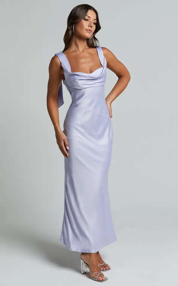 Showpo Cecilia Midi Dress 8211 Cowl Neck Satin Bias Cut Dress In Lilac Women Dresses