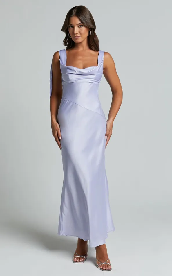 Showpo Cecilia Midi Dress 8211 Cowl Neck Satin Bias Cut Dress In Lilac Women Dresses