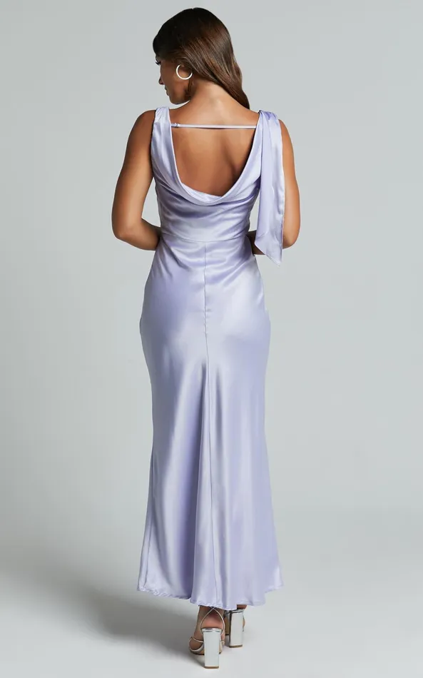Showpo Cecilia Midi Dress 8211 Cowl Neck Satin Bias Cut Dress In Lilac Women Dresses