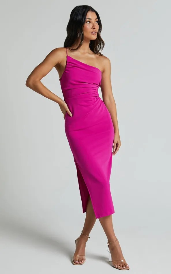Showpo Cedrych Midi Dress 8211 Side Cut Out Asymmetric Bodycon Dress In Fuschia Women Dresses