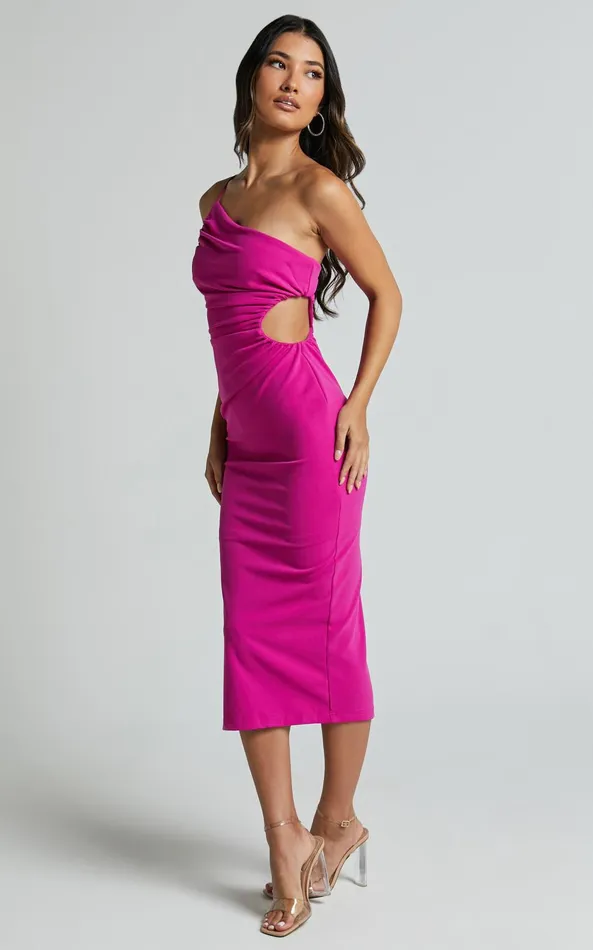 Showpo Cedrych Midi Dress 8211 Side Cut Out Asymmetric Bodycon Dress In Fuschia Women Dresses