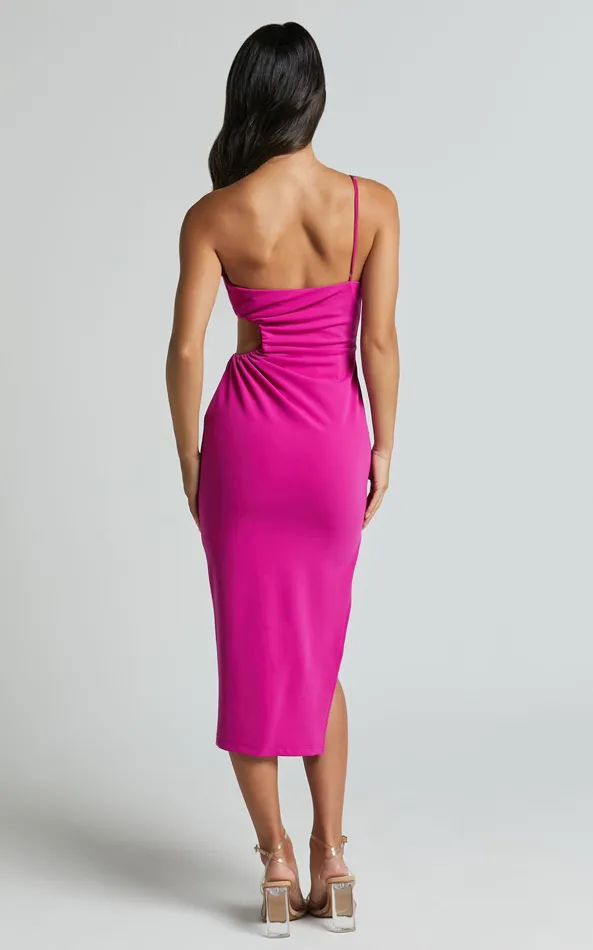 Showpo Cedrych Midi Dress 8211 Side Cut Out Asymmetric Bodycon Dress In Fuschia Women Dresses