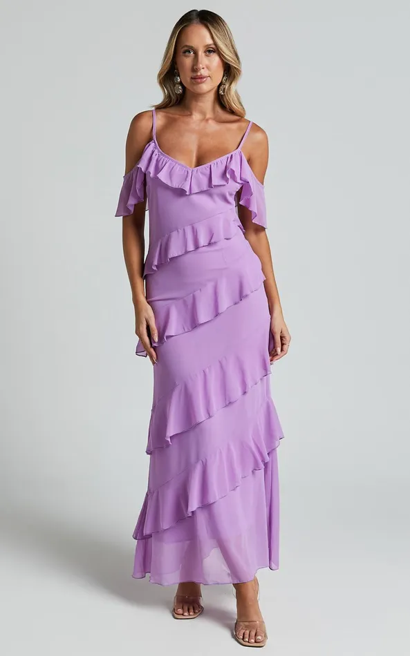 Showpo Celaya Maxi Dress 8211 Strappy V Neck Off Shoulder Tiered Frill Detail In Lilac Women Dresses Showpo Celaya Maxi Dress 8211 Strappy V Neck Off Shoulder Tiered Frill Detail In Lilac Women Dresses