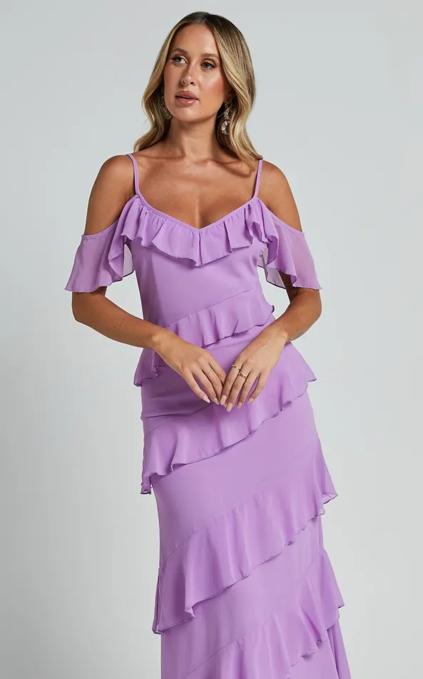 Showpo Celaya Maxi Dress 8211 Strappy V Neck Off Shoulder Tiered Frill Detail In Lilac Women Dresses