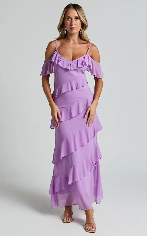 Showpo Celaya Maxi Dress 8211 Strappy V Neck Off Shoulder Tiered Frill Detail In Lilac Women Dresses