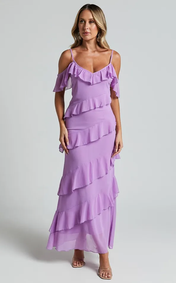 Showpo Celaya Maxi Dress 8211 Strappy V Neck Off Shoulder Tiered Frill Detail In Lilac Women Dresses