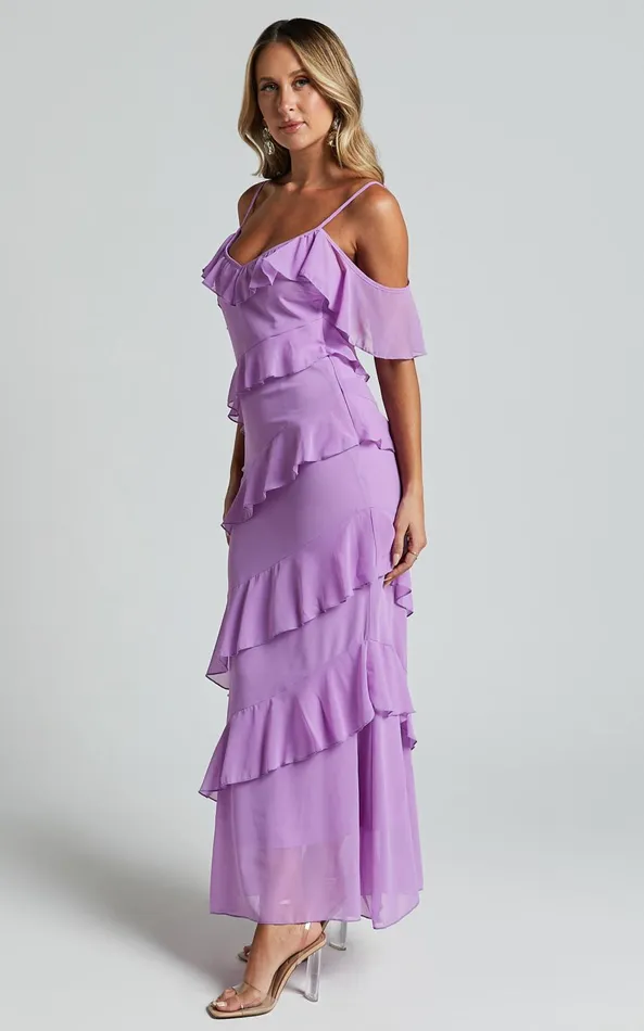 Showpo Celaya Maxi Dress 8211 Strappy V Neck Off Shoulder Tiered Frill Detail In Lilac Women Dresses