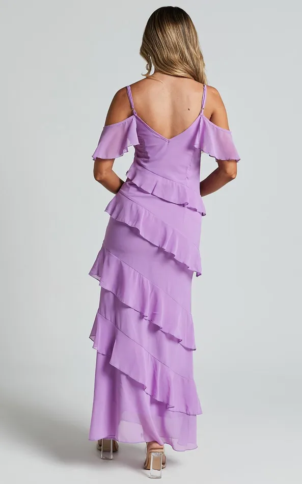 Showpo Celaya Maxi Dress 8211 Strappy V Neck Off Shoulder Tiered Frill Detail In Lilac Women Dresses