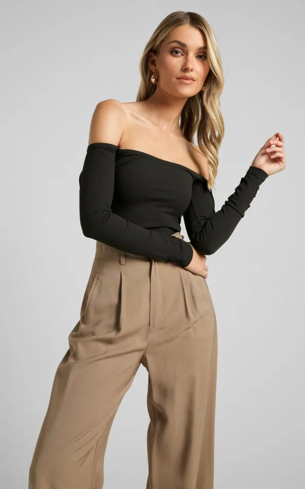 Showpo Celerina Top 8211 Off The Shoulder Straight Neck Long Sleeve In Black Women Basics