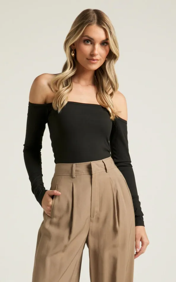 Showpo Celerina Top 8211 Off The Shoulder Straight Neck Long Sleeve In Black Women Basics
