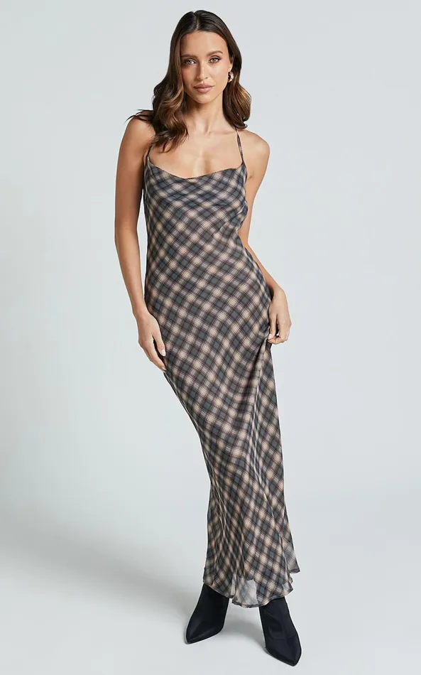 Showpo Celeste Midi Dress 8211 Strappy Cowl Neck Slip Dress In Multi Check Women Dresses