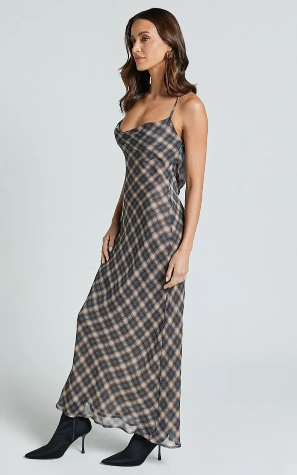 Showpo Celeste Midi Dress 8211 Strappy Cowl Neck Slip Dress In Multi Check Women Dresses