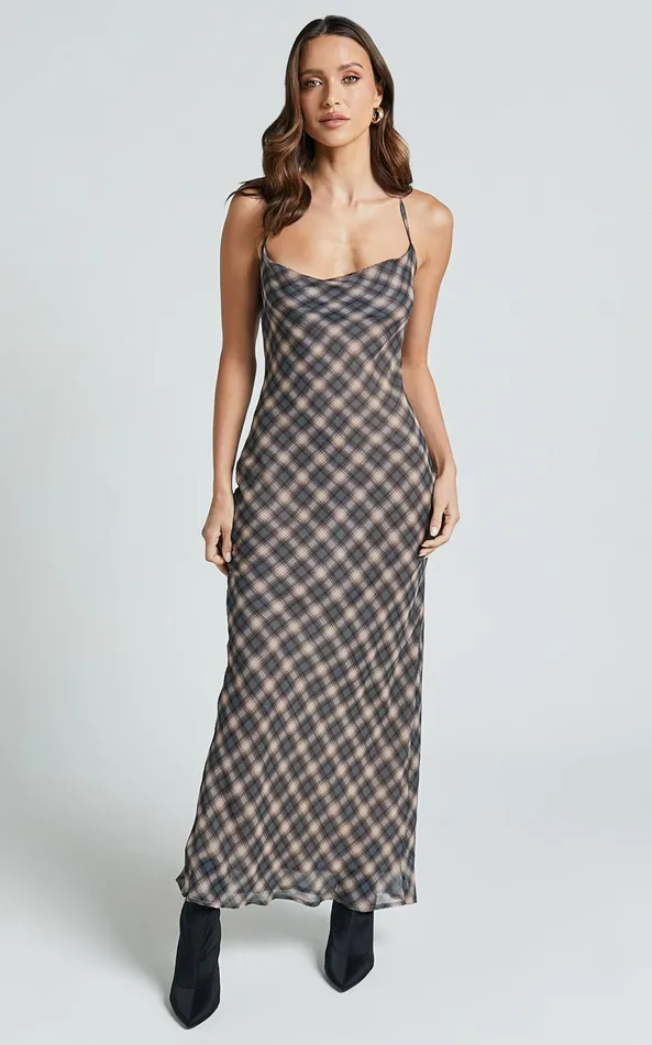 Showpo Celeste Midi Dress 8211 Strappy Cowl Neck Slip Dress In Multi Check Women Dresses