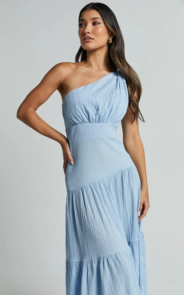 Showpo Celestia Midi Dress 8211 Tiered One Shoulder Dress In Soft Blue Women Dresses